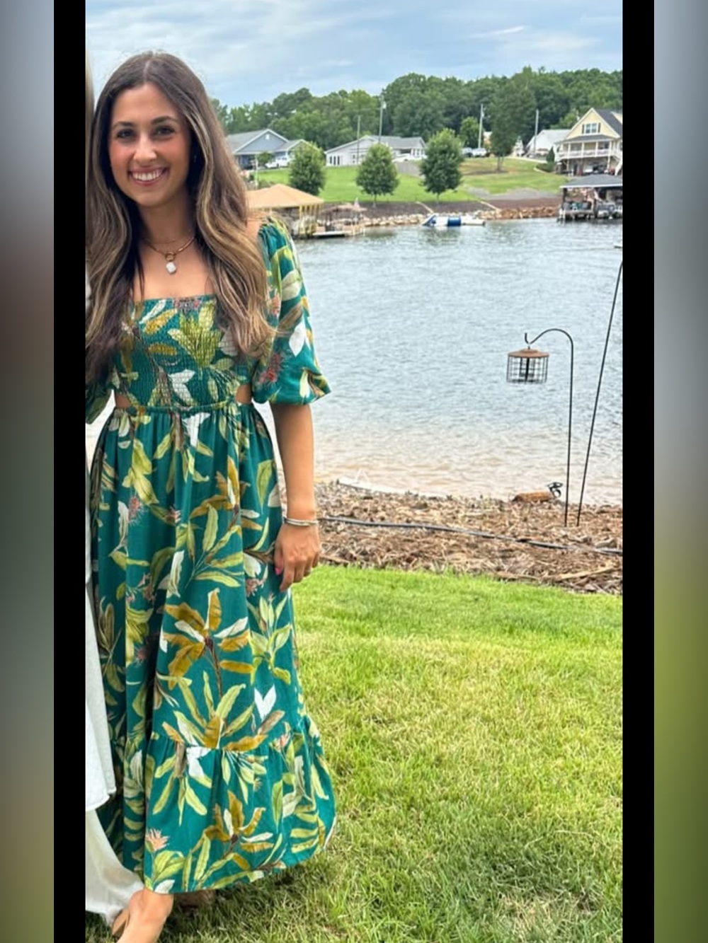 Green Tropical Print Smocked Midi Dress